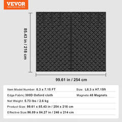 Black thermal insulated garage door screen with diamond pattern and magnetic closure system.
