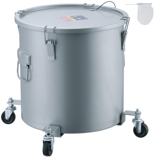 Gray carbon steel fryer grease bucket with a 10-gallon capacity and locking lid.