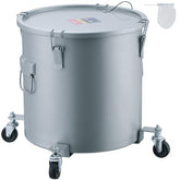 Gray carbon steel fryer grease bucket with a 10-gallon capacity and locking lid.