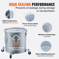 Gray carbon steel 10-gallon fryer grease bucket with a secure lid and detachable casters.