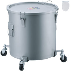 Gray carbon steel fryer grease bucket with a 10-gallon capacity and locking lid.