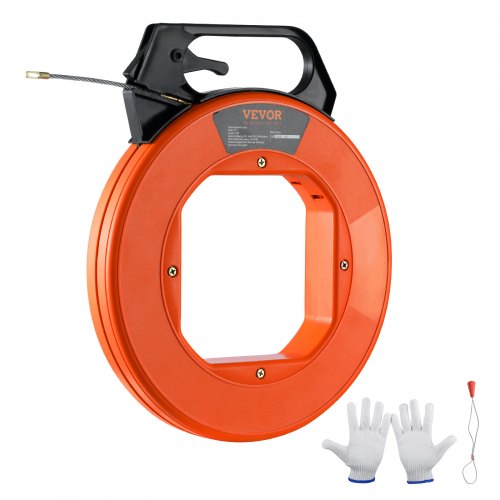 Orange 125-foot non-conductive PET fish tape reel with gloves and leader tip.