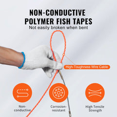 Orange 125-foot non-conductive PET fish tape with high-tensile strength, held by gloved hand.