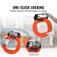 Orange 125-foot PET fish tape reel with one-click thumb lock, shown in hands securing the non-conductive wire.