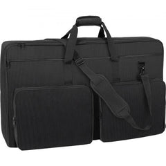 Black padded DJ mixer gig bag with shoulder strap and side pockets.