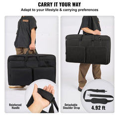 Black padded DJ mixer gig bag with detachable shoulder strap and reinforced handle, shown carried by hand and shoulder.