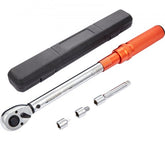 Bostome 1/2-inch drive click torque wrench with 10-150 ft.lb range, orange handle, black case, and adapters.