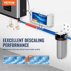 Bostome electronic water descaler system with control box, pipes, and before-after water quality diagram.