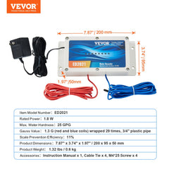 Bostome electronic water descaler with blue coil, power adapter, and red-blue cables for whole house use.