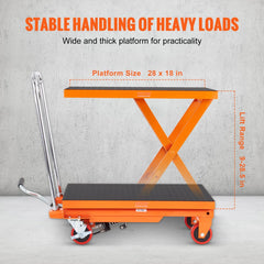 Hydraulic lift table cart with a 500lbs capacity and 28.5" elevation for easy material handling.