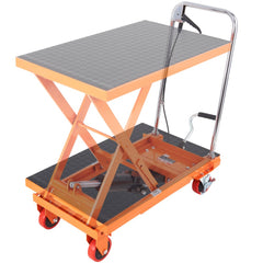 Bostome hydraulic lift table cart with a 28.5-inch lift and 500 lbs load capacity.
