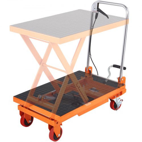 Orange hydraulic lift table cart with 330lbs capacity and 28.5-inch height.