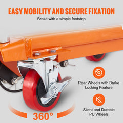 Orange hydraulic lift table cart with foot pedal, lockable red PU swivel wheels, and 360-degree view.