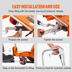 Orange hydraulic lift table cart with foot pedal, release lever, wheels, and assembly steps.