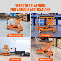 Orange hydraulic lift table cart with scissor mechanism, shown in supermarkets, factories, workshops, and warehouses.