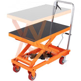 Orange hydraulic lift table cart with 1100lbs capacity and 35.4-inch height, featuring a scissor base and wheels.