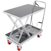 Gray hydraulic lift table cart with 500lbs capacity, 28.5" height, foot pedal, and wheels.