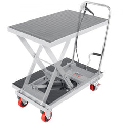 Gray hydraulic lift table cart with 500lbs capacity, 28.5" height, foot pedal, and wheels.