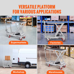 Gray hydraulic lift table cart with 500lbs capacity, 28.5-inch height, and scissor mechanism.