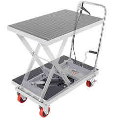 Gray hydraulic lift table cart with 500lbs capacity, 28.5" height, foot pedal, and wheels.