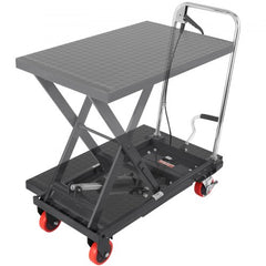 Bostome hydraulic lift table cart in black steel with a 500 lbs capacity and 28.5-inch lift.