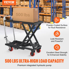 Black steel hydraulic lift table cart with a 500 lbs capacity and 28.5-inch lift height.