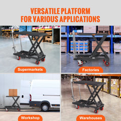 Black steel hydraulic lift table cart with 28.5-inch lift and 500 lbs capacity.