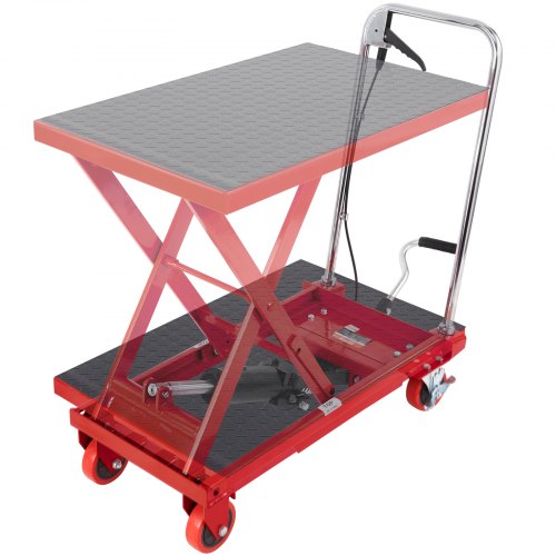 Red hydraulic lift table cart with a 500lbs capacity and 28.5-inch lift height.