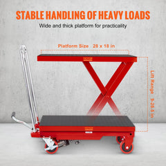Red hydraulic lift table cart with a 28.5-inch lift and 500 lbs load capacity.