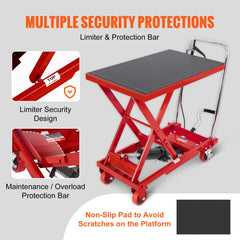 Red hydraulic lift table cart with a 28.5-inch lift and 500 lbs load capacity.