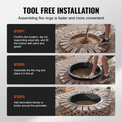 Infographic showing three steps for tool-free installation of a steel fire pit ring in a yard.
