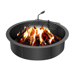 A 35-inch black steel fire pit ring with a swivel BBQ grate over burning flames.