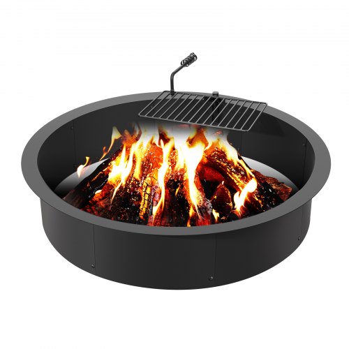 A 40-inch black steel fire pit ring with a swivel BBQ grate over burning logs.