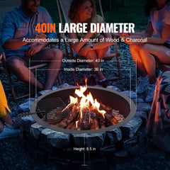 40-inch steel fire pit ring with BBQ grate, 36-inch inside diameter and 8.5-inch height.
