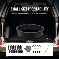 40-inch steel fire pit ring with BBQ grate, work gloves, and accessories in SUV trunk.