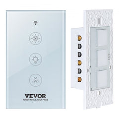 WiFi smart light dimmer switch with touch panel, WiFi icon, and dimming controls.