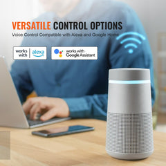 White smart light dimmer switch with touch panel, WiFi connectivity, and voice control icons for Alexa and Google Assistant.