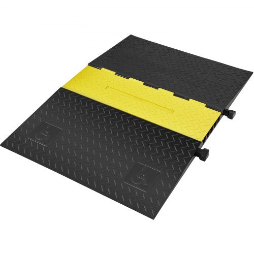 Black and yellow 5-channel ADA compliant cable protector ramp with interlocking design.