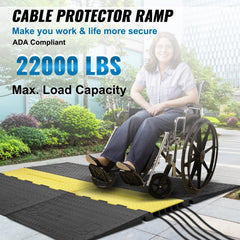 ADA-compliant 5-channel cable protector ramp with yellow stripes, supporting 22,000 lbs load, shown with wheelchair.