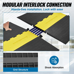 Modular interlocking black and yellow cable protector ramps with grid structure and shock absorption.