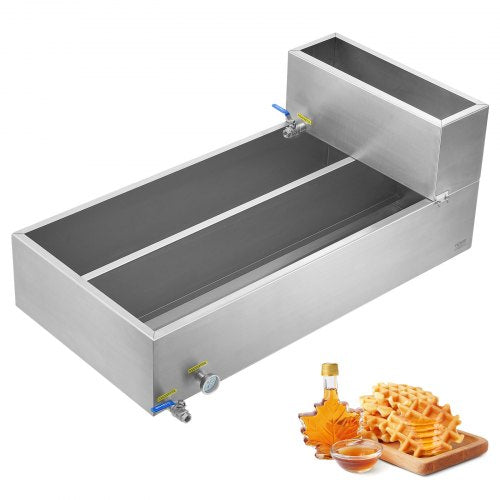 47-gallon stainless steel maple syrup evaporator pan with valves, thermometer, and pre-heat tank.