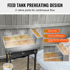 47-gallon stainless steel maple syrup evaporator pan with preheat tank, valves, and thermometer.