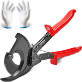 Bostome 11" ratcheting cable cutter with red handles and white protective gloves included.
