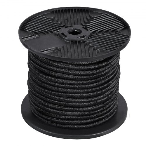 Black 1/4-inch heavy-duty bungee cord spool with 120 feet of coiled cord on a plastic reel.