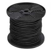 Black 1/4-inch heavy-duty bungee cord spool with 120 feet of coiled cord on a plastic reel.