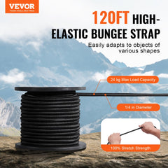 Black 120 ft heavy duty bungee cord spool, 1/4 inch diameter, with 24 kg load capacity.