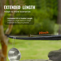 A 20-inch extended black bungee cord securing a metal pot outdoors.