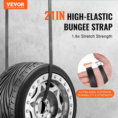 50 heavy duty flat bungee cords, 19.8mm wide, 21 inches long with S-hooks, shown securing a tire.