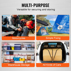 50 heavy duty flat bungee cords with S-hooks, shown securing motorcycles, tarps, storage, and car cargo.