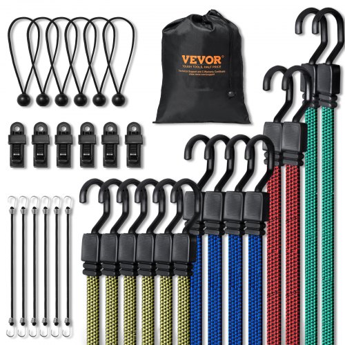 A 32-piece set of 17mm heavy-duty flat bungee cords in assorted colors and lengths, with J-hooks and clips.